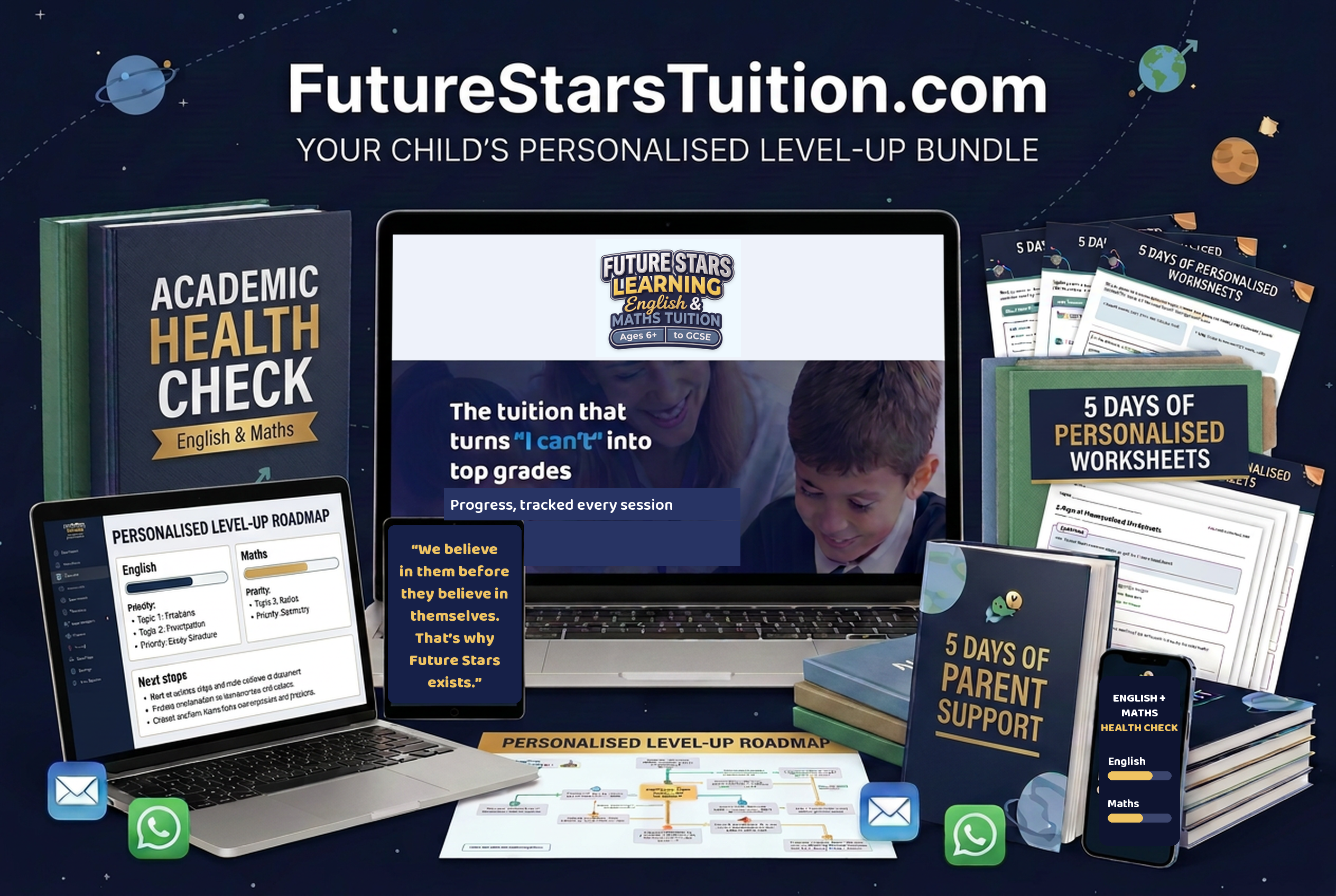 Future Stars value bundle: Academic Health Check, personalised Level-Up Pathway, five days of worksheets, five days of parent support, and the Future Stars promise that we believe in children before they believe in themselves